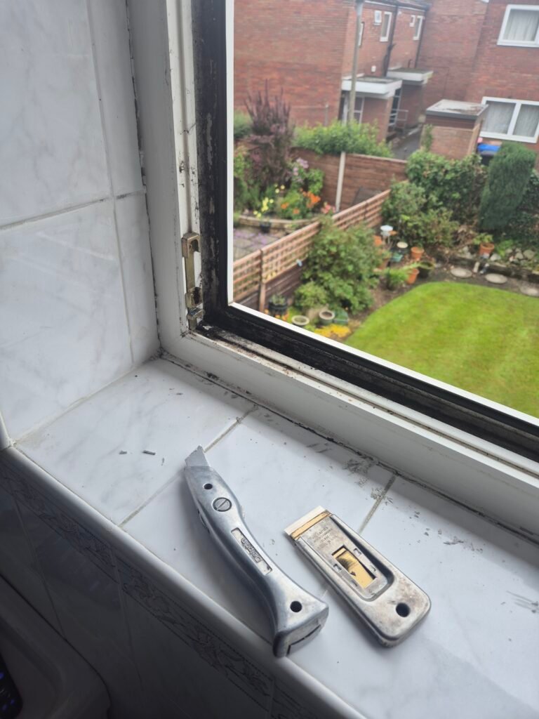 Resealed window reveal and frame perimeter joint